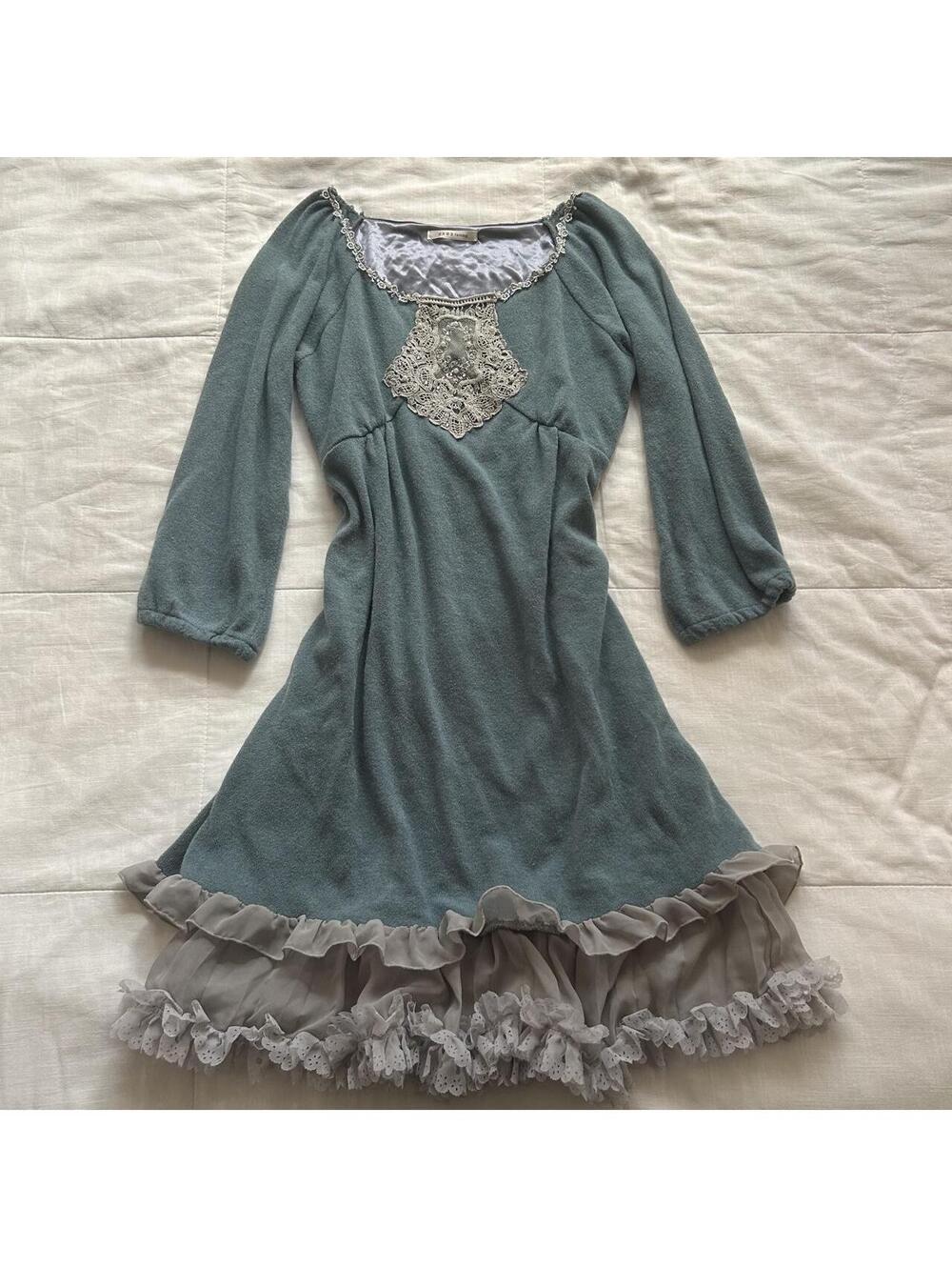 Axes Femme Dusty Teal Blue Knit Dress Crochet Lace Pearl Tiered Ruffle Hem M